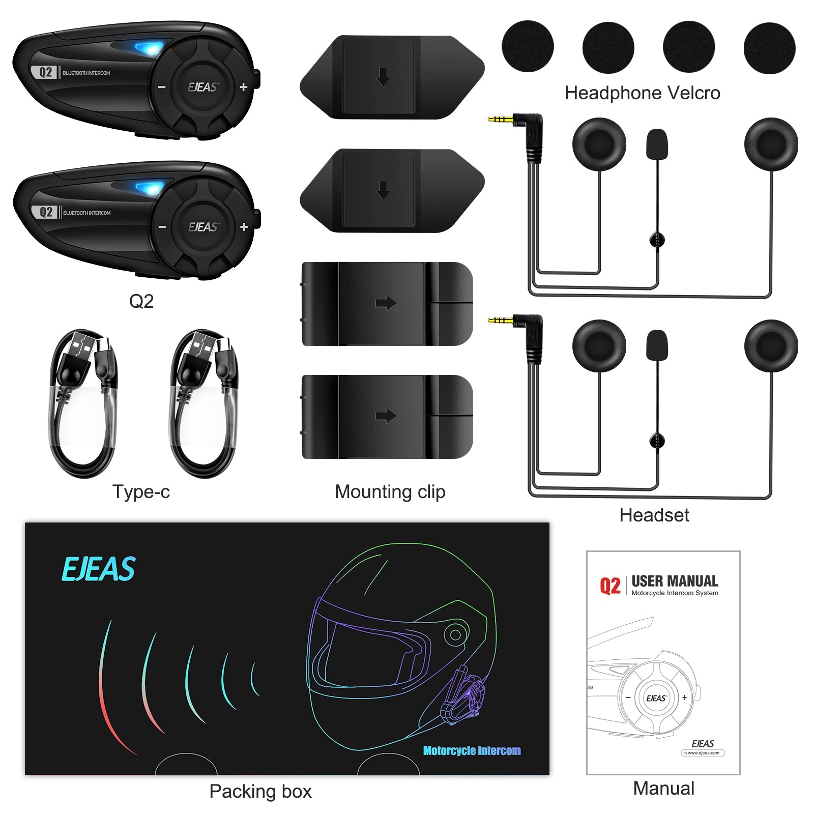 Auriculares Bluetooth EJEAS Q2 para casco de motocicleta para 2 ciclistas