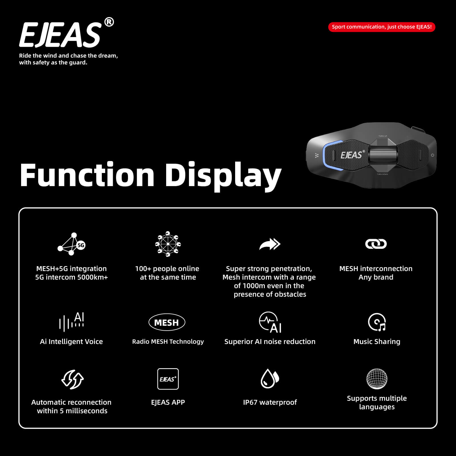 EJEAS Phantom X10 Plus MESH+5G Sistema de Comunicación para Casco de Motocicleta