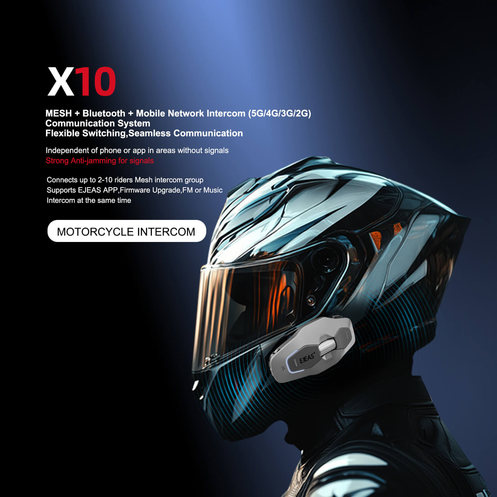 EJEAS Phantom X10 MESH+5G Sistema de Intercomunicación para Cascos de Motocicleta