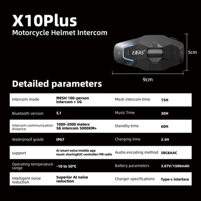 EJEAS Phantom X10 Plus MESH+5G Sistema de Comunicación para Casco de Motocicleta